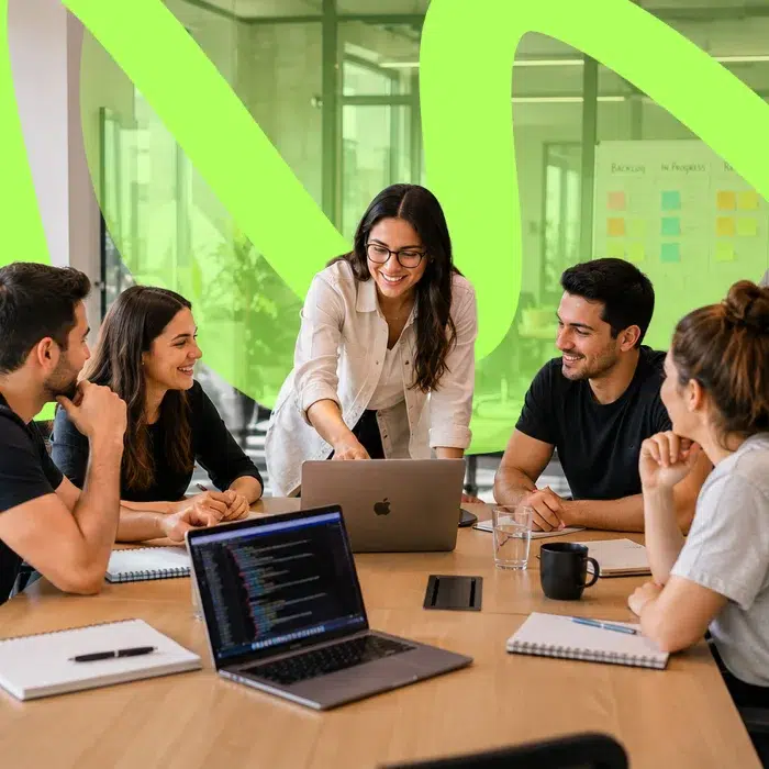 parallelstaff- Five people sit around a table with laptops and notebooks, smiling and discussing something. One person stands, pointing at a laptop, leading the meeting. A bright green wavy pattern is in the background.