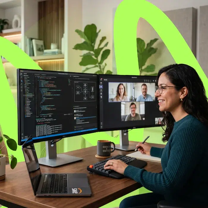 parallelstaff- A woman works at a desk with two monitors; one displays code, the other shows a video call with four people. She smiles while taking notes, with a laptop and coffee mug nearby. Green abstract lines accent the background.