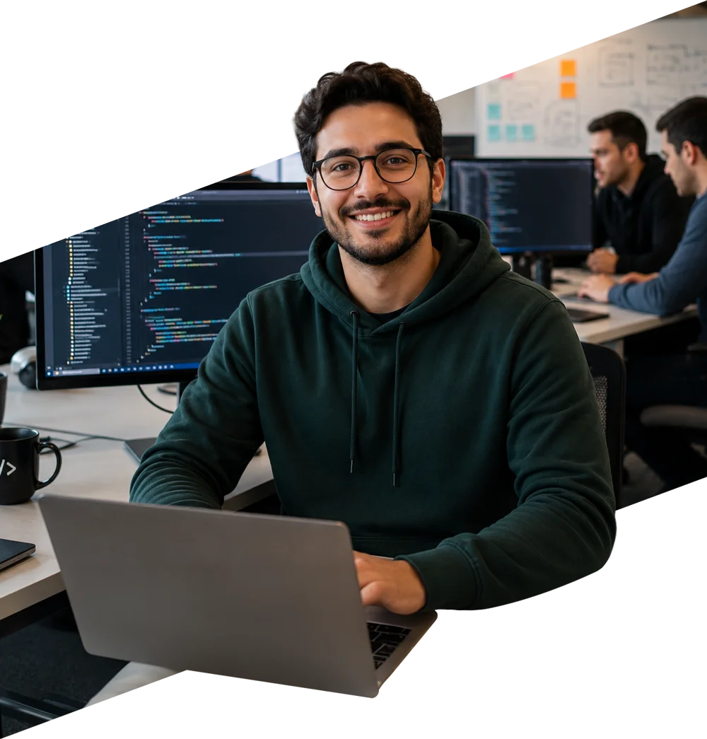 parallelstaff- A smiling person in glasses and a dark hoodie types on a laptop at a desk, with large computer monitors displaying code in the background and colleagues working nearby in an office setting.