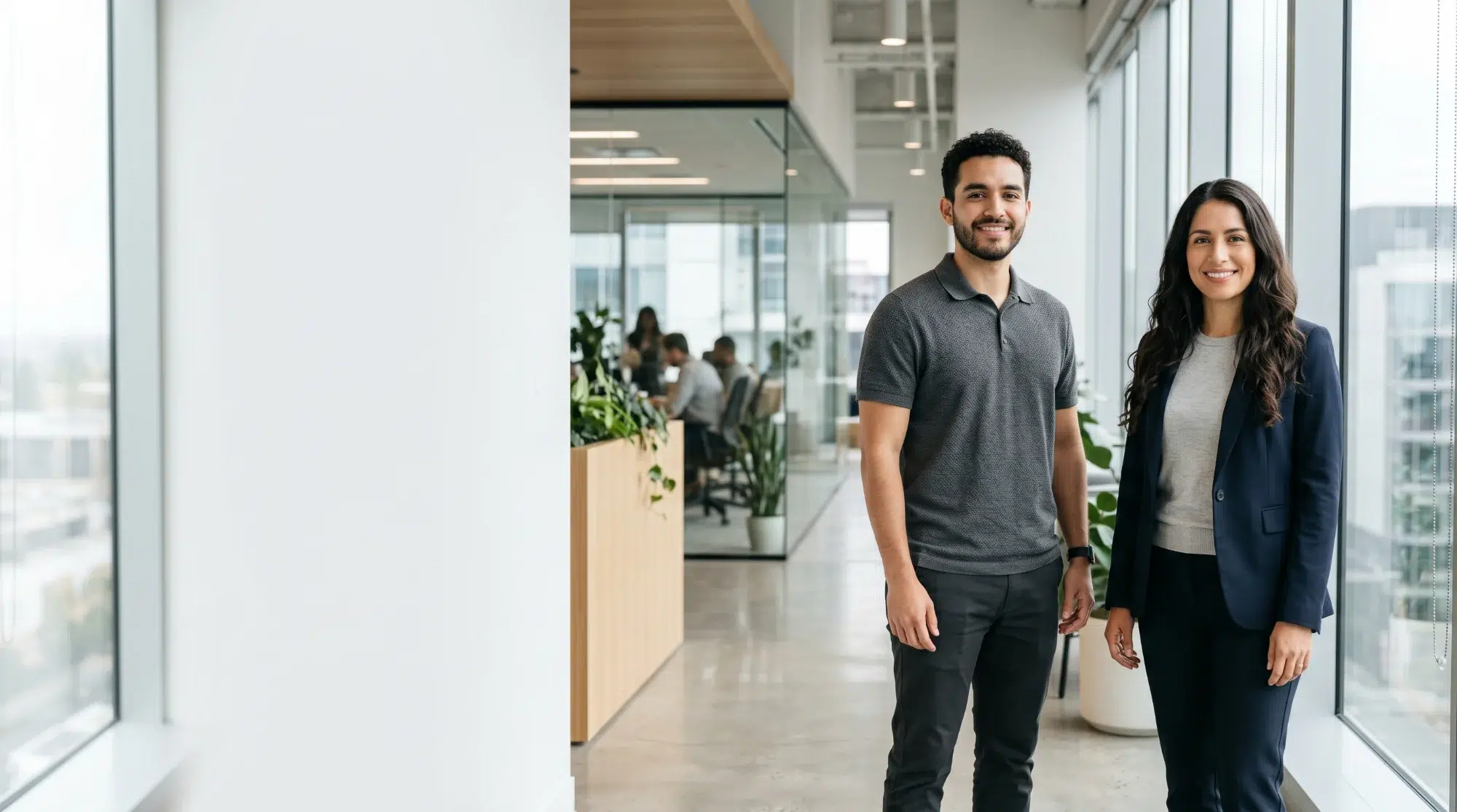 parallelstaff- Two people stand and smile in a modern office hallway with large windows and plants. One is casually dressed in a polo shirt, and the other wears a business suit. People are visible working in a meeting room in the background.