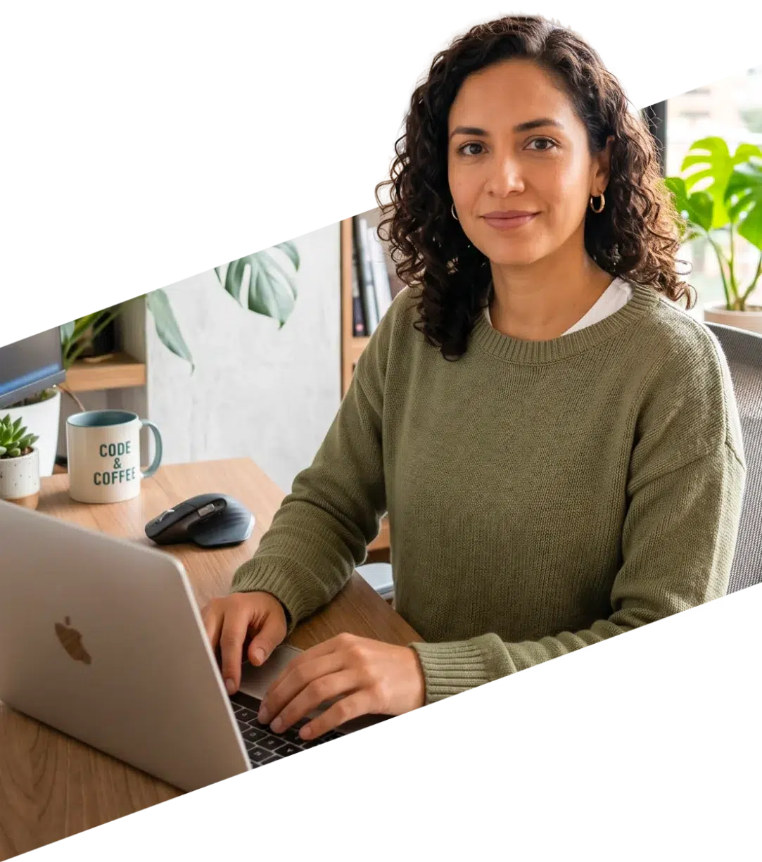parallelstaff- A woman with curly hair in a green sweater sits at a desk, typing on a laptop. A mug labeled CODE & COFFEE, a mouse, and plants are visible in the background.