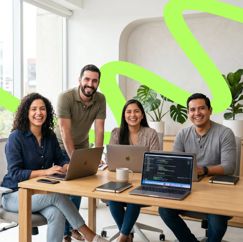 parallelstaff- Four people sit and stand around a wooden table with laptops, notebooks, and a plant, smiling at the camera in a bright office. A green abstract line decorates the background wall.
