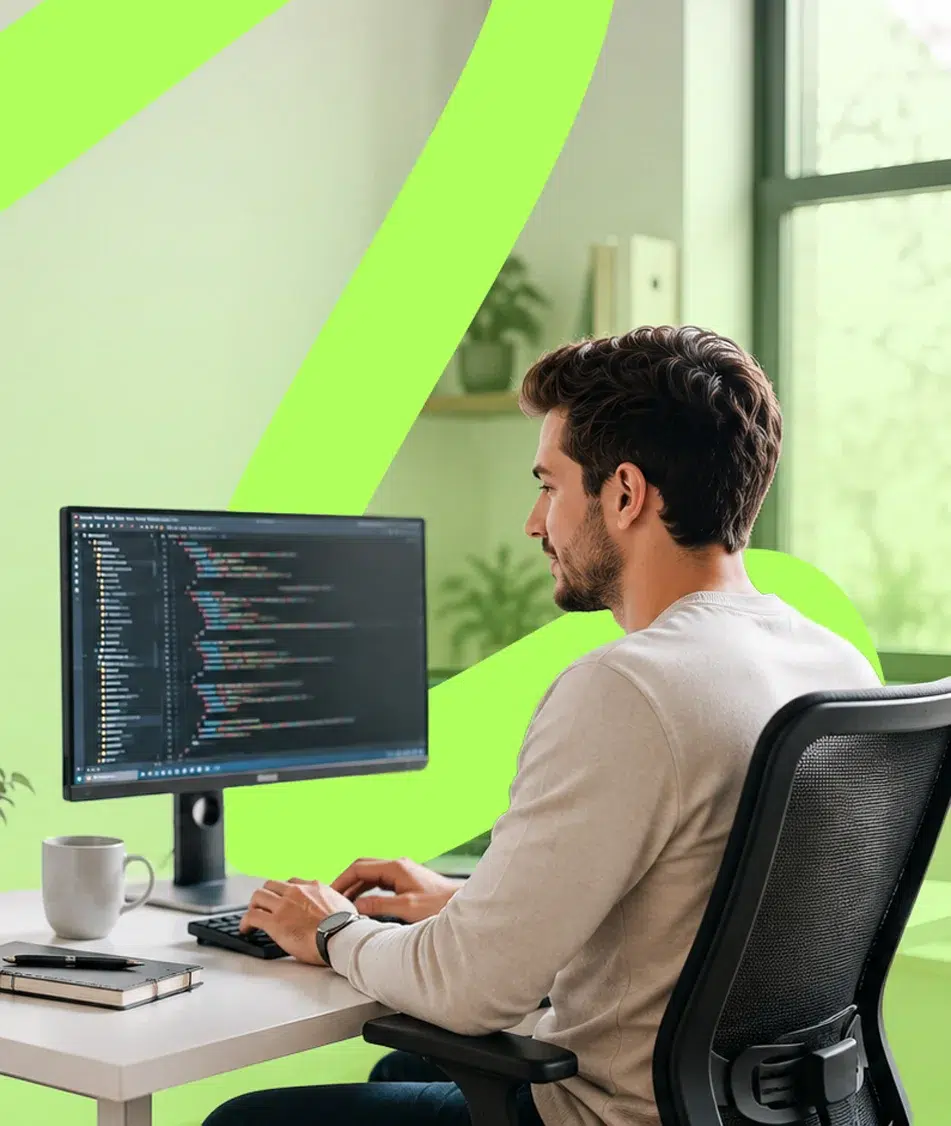 parallelstaff- A person sits at a desk working on a computer with code displayed on the monitor. The workspace includes a notebook, pen, glasses, and a plant, with a large window and abstract green lines in the background.