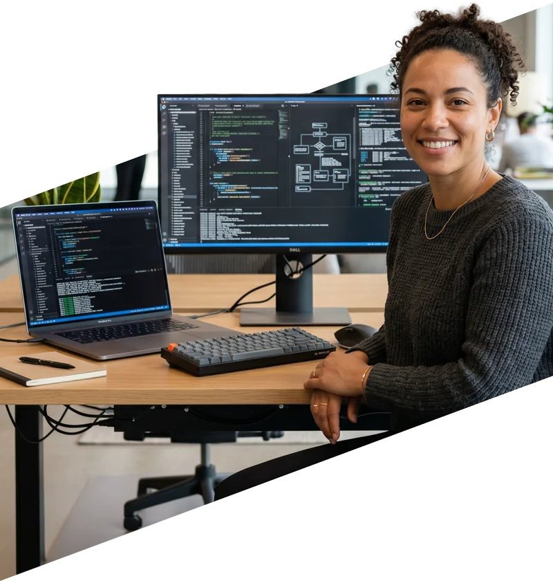 parallelstaff- A woman sits at a desk, smiling at the camera, with a laptop and a monitor displaying code and flowcharts. She appears to be working in a modern office environment.