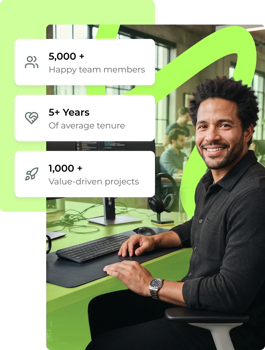 parallelstaff- Smiling man sits at desk with keyboard and monitor. Three text boxes read: 5,000+ happy team members, 5+ years of average tenure, and 1,000+ value-driven projects.