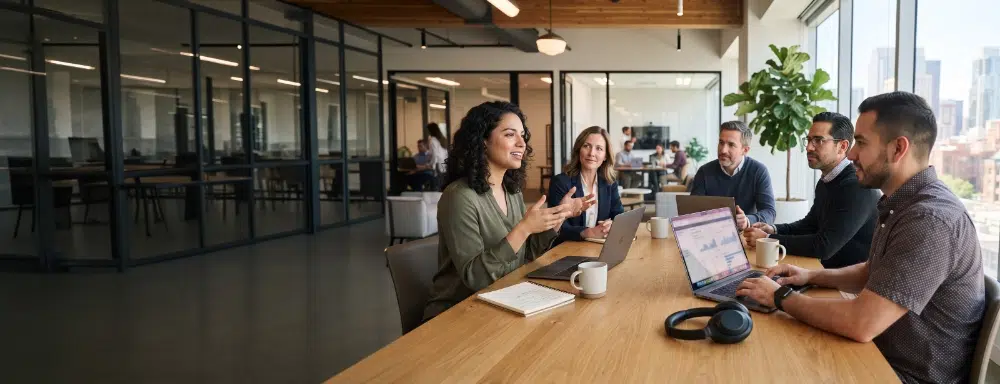 parallelstaff- Five people sit around a large conference table in a modern office, engaged in discussion with laptops, notebooks, and coffee mugs in front of them. Large windows provide a city view in the background.
