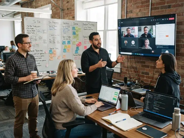 parallelstaff- Four colleagues collaborate in a modern office with laptops and a video call on a wall monitor. A whiteboard with sticky notes is in the background, and one person is standing and speaking to the group.