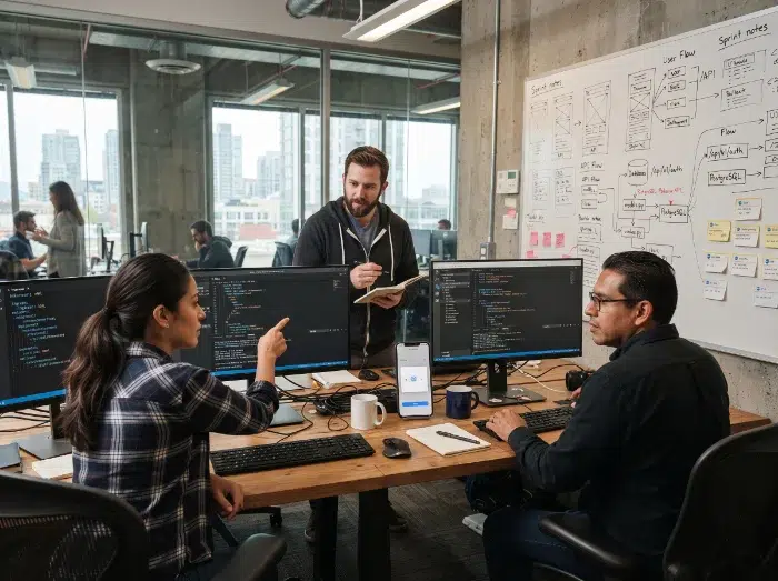 parallelstaff- Three people discuss code at a desk with monitors in a modern office. One stands with a notebook, the others sit at computers. A whiteboard with diagrams and sticky notes is in the background.