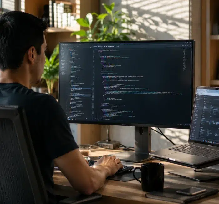 parallelstaff- A person sits at a desk using a large monitor and a laptop, both displaying code. The workspace has plants, bookshelves, and a coffee mug, suggesting a home office environment.