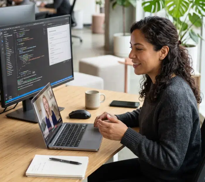 parallelstaff- A woman sits at a desk with a laptop and monitor. She codes on one screen and video chats on the laptop, with a notebook and coffee nearby. She smiles while speaking during the virtual meeting.