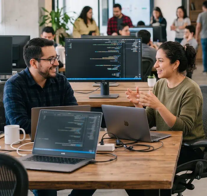 parallelstaff- Two people sit at a desk with laptops, smiling and having a discussion. Computer monitors display code, and several colleagues work in the background of a modern, open office space.