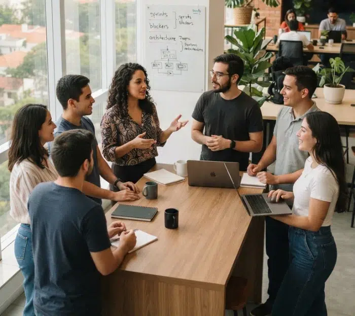 parallelstaff- Six people stand around a wooden table in a bright office, discussing and smiling. Laptops, notebooks, and coffee mugs are on the table. A whiteboard with notes is in the background, along with large windows and plants.