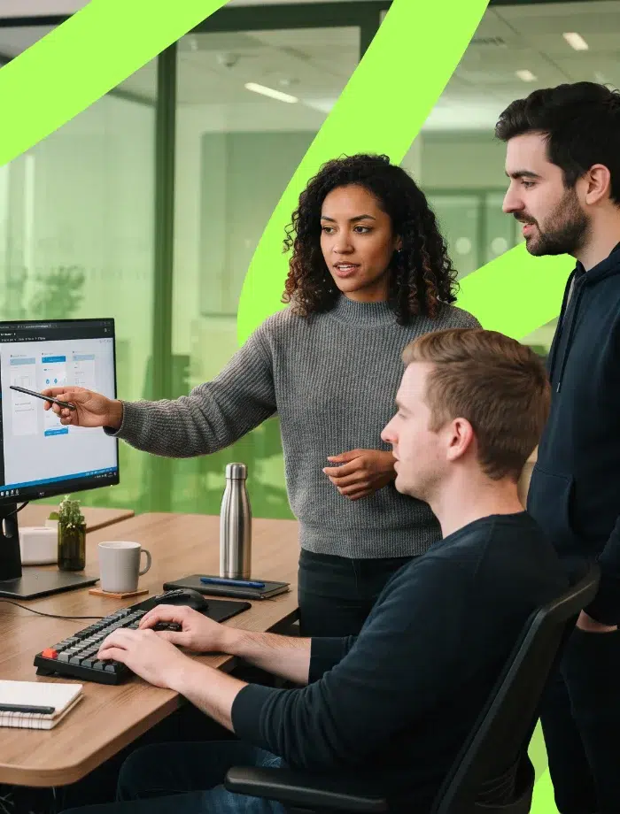 parallelstaff- Three people collaborate in an office. One woman points at a computer screen while two men listen and look at the monitor. A green abstract design is overlaid on a glass wall in the background.