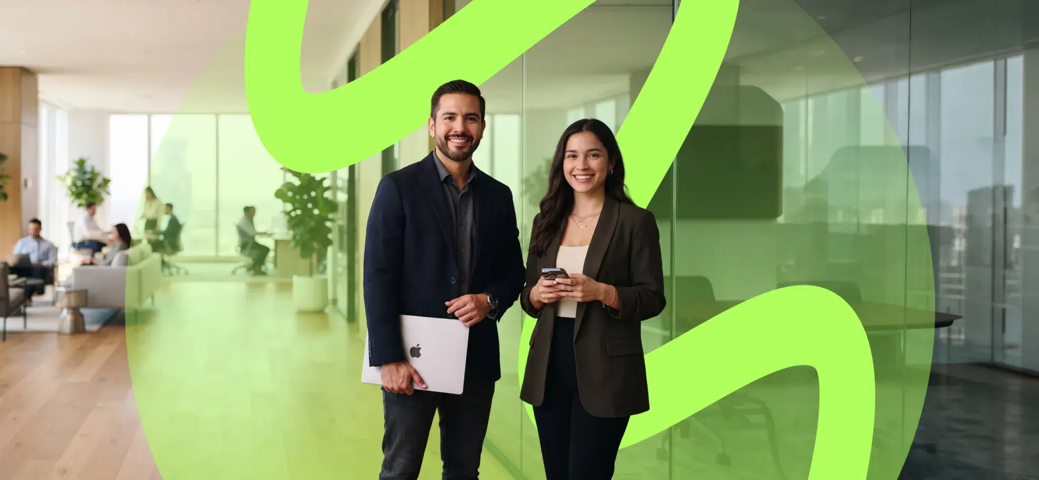 parallelstaff- Two people in business attire stand smiling in a modern office, one holding a laptop and the other a phone. A large, bright green swirl design overlays the background with glass walls and people working.