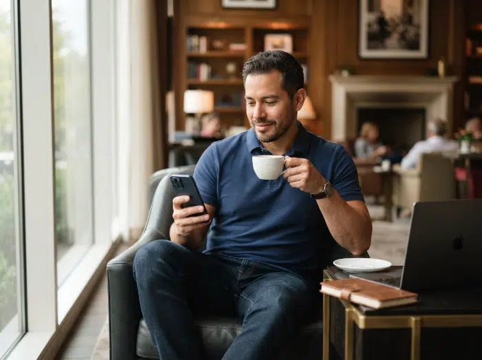 parallelstaff- A man in a blue polo shirt sits in a lounge chair by a window, smiling at his phone while holding a white cup. A laptop and notebook are on the table beside him.