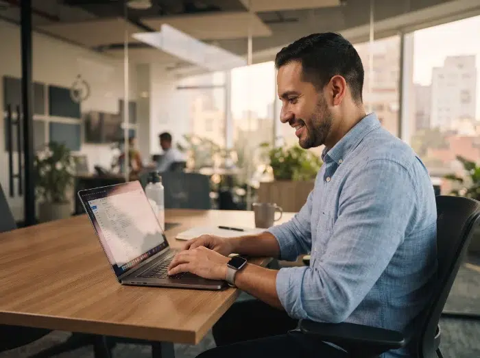 parallelstaff- A man in a blue shirt smiles while working on a laptop at a desk in a modern office with large windows and plants in the background.