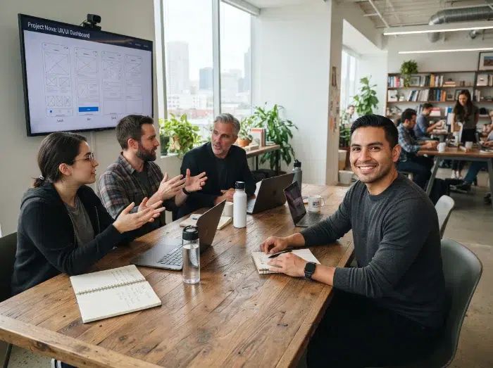 parallelstaff- Four people sit at a wooden table with laptops and notebooks, discussing work. One person smiles at the camera. In the background, others work and a large screen shows a dashboard. Sunlight streams through large windows.
