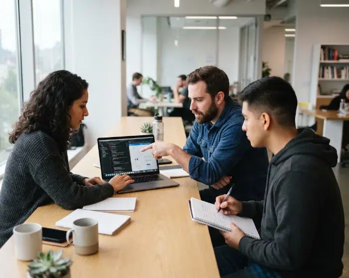 parallelstaff- Three people sit at a long table with notebooks, discussing code on a laptop screen. One person points at the laptop while others listen and take notes. Other people work in the background near large windows.