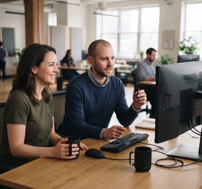 parallelstaff- Two people sit at a desk, smiling while looking at a computer monitor. One holds a pen and gestures toward the screen. Office setting with coworkers in the background.