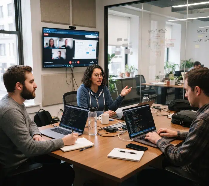 parallelstaff- Three people with laptops sit around a table in a modern office, engaged in discussion. A woman gestures while speaking. A video call with four participants is displayed on a TV screen behind them. Notes and laptops are visible.