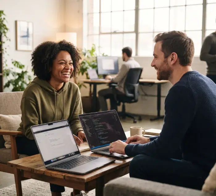 parallelstaff- Two people sit at a table with laptops, smiling and talking. They appear to be collaborating in a bright, modern office with large windows and other people working in the background.