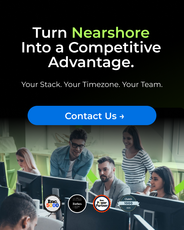 parallelstaff- A group of people working at computers in an office, with text promoting nearshore services and a Contact Us button. Logos for Inc. 5000, Forbes, Time Doctor Partner, and Clutch 1000 are shown.