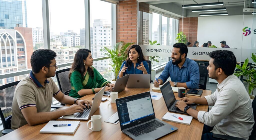 Five colleagues collaborating around a table in a modern office